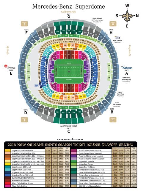 Saints seating chart. Seating Charts for Caesars Superdome. Caesars Superdome hosts a number of different events, including Saints games, basketball games and concerts. These events each have a different seating chart. Select one … 