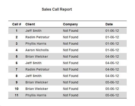 Sales Calls Report Template Database