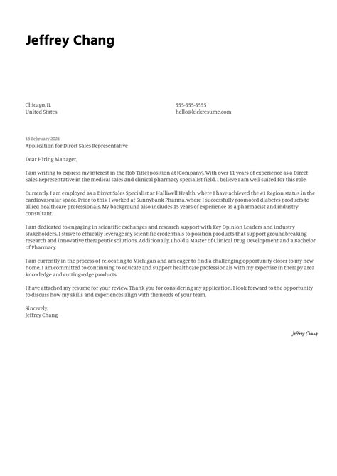 Sales Representative Job Application Cover Letter Example