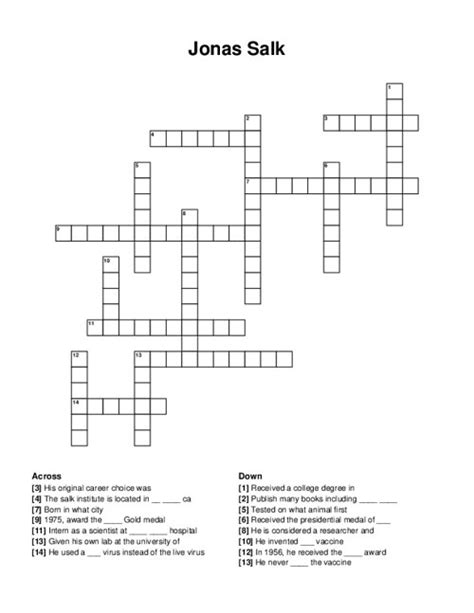 Find the latest crossword clues from New York Times Crosswords, LA Times Crosswords and many more. Enter Given Clue. Number of Letters (Optional) ... Salk rival 3% 4 ANTS: Crumb-carrying bugs 3% 4 FLUS: Winter bugs 3% 3 JIF: Skippy rival 3% 6 .... 