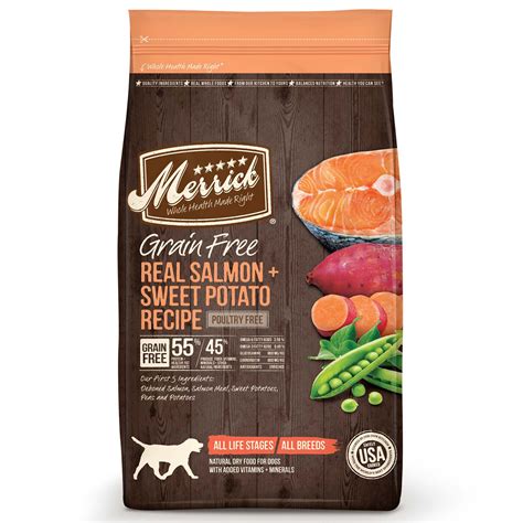 Salmon and sweet potato dog food. Our dry dog food salmon and sweet potato formula is made with real salmon as the first ingredient and features limited, easily digestible, carbohydrate sources. This salmon and sweet potato formula has everything you want to feed your dog and nothing you don't, with no added peas, pea protein, lentils, legumes, corn, wheat, or soy. 