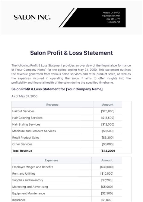 Salon Profit Loss statement projections example sample