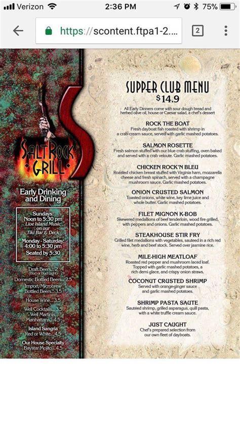 Salt rock grill early bird menu. Salt Rock Grill: Great Early Bird Menu - Great price - See 3,245 traveller reviews, 558 candid photos, and great deals for Indian Shores, FL, at Tripadvisor. 