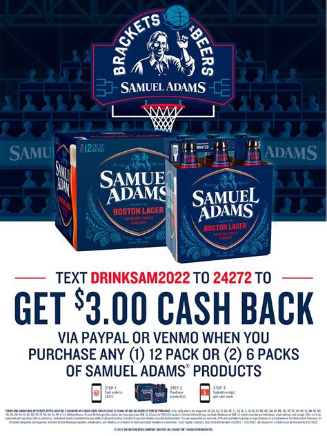 Valid Purchase Dates. $5.00 off SAMUEL ADAMS. add to My Rebates. BOSTON BEER COMPANY. OFFER #LM14306 Dept 239. Cinnaminson, NJ 08077. 5/16/2011 - 9/15/2011. Don't lose track of your money! Let Rebate Tracker keep tabs on the rebates you send in.. 