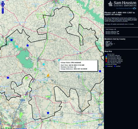 Sam houston electric power outage. Outage Map. To report an outage, call 800-287-8564 or log in to SmartHub. This map is updated every 15 minutes. You may need to refresh this page to see the updated outage map. 