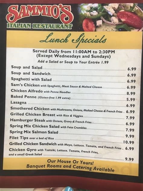 Sammios hope mills. Mar 19, 2020 · Sammios Italian Restaurant - Hope Mills. March 19, 2020 ·. Lunch Specials : Chicken alfredo $8.99. Shrimp alfredo $9.99. Spaghetti and salad $6.99. Hamburger steak with side $6.99. Smothered chicken with side $6.99. add a salad to any entree $1.99. 