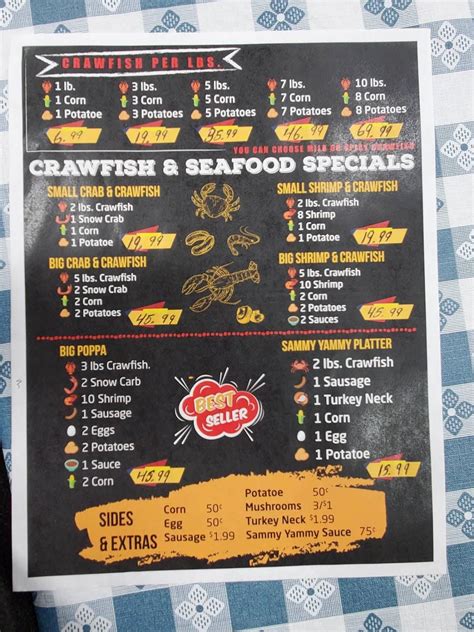 Sammy Crawfish King 拾We opened the doors at 11a.m. To 8p.m. 7 days a week!! 朗We will have the best crawfish in town spicy and juicy!! 殺Also we have all other sorts of seafood from snow crab 呂 to.... 