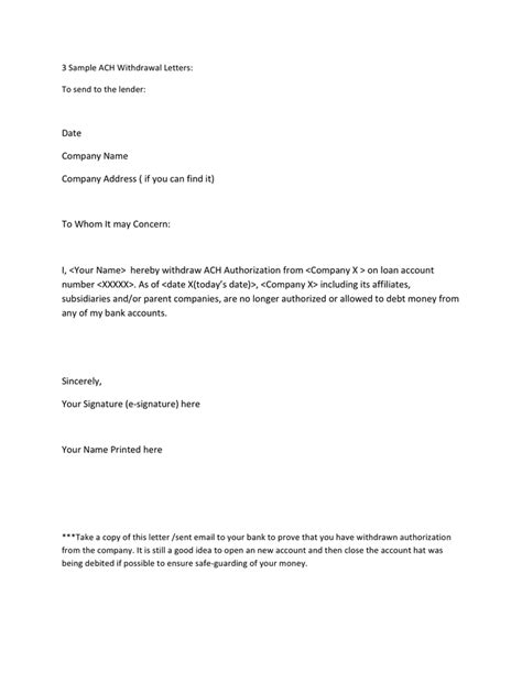 Sample ACH Withdrawal Letters in Word and Pdf formats page 2 of 3