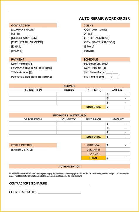 Sample Auto Repair Work Order Template GeneEvaroJr