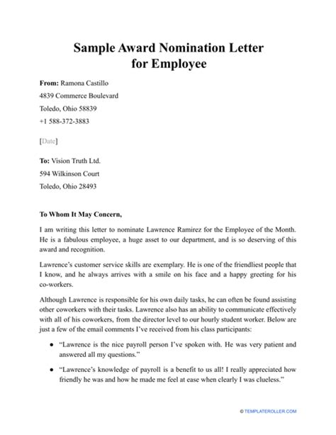 Sample Award Nomination Letter For Employee Database Letter Template