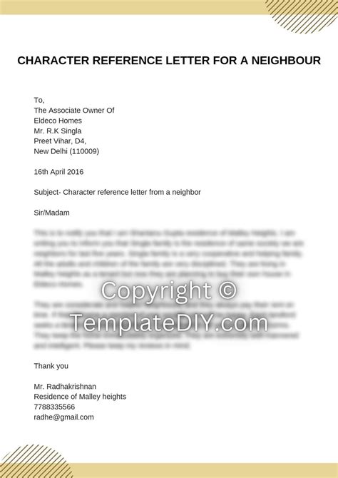Sample Character Reference Letter For Neighbor