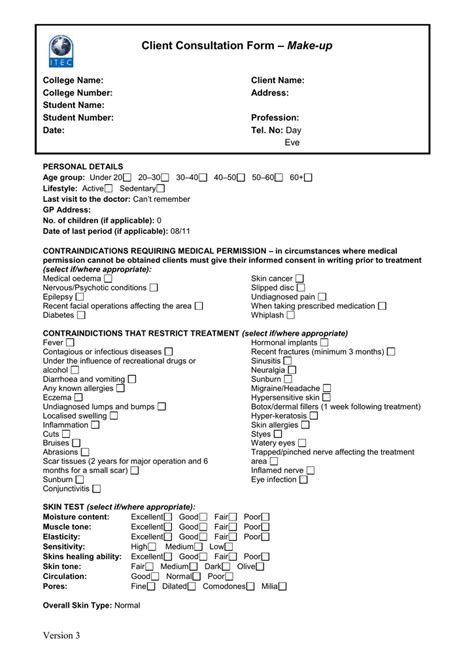Sample Client Consultation Form Make Up