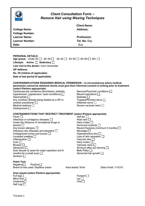 Sample Client Consultation Form Remove Hair using Waxing Techniques
