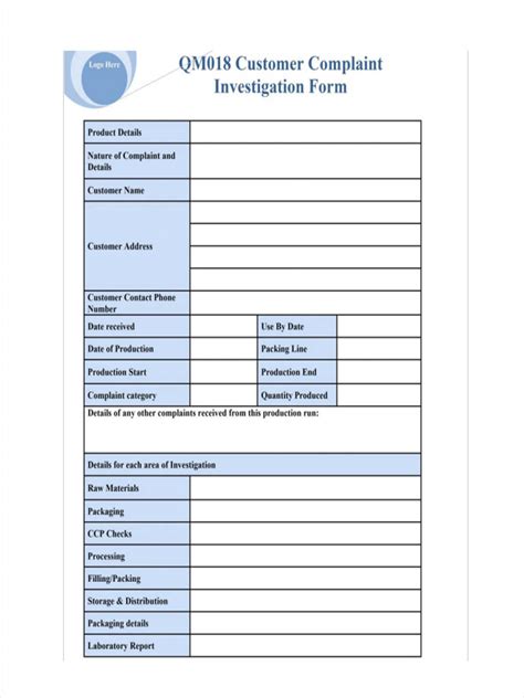 Sample Complaint Investigation Form Template Word Doc