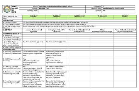 Sample Daily Lesson Log in TVL-BPP F. Aroco - Course Hero