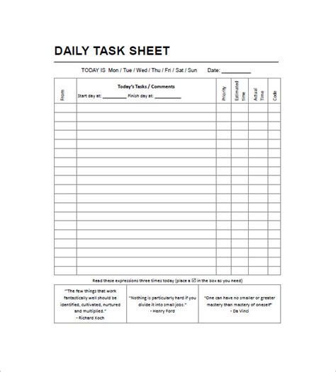 Sample Daily Task List