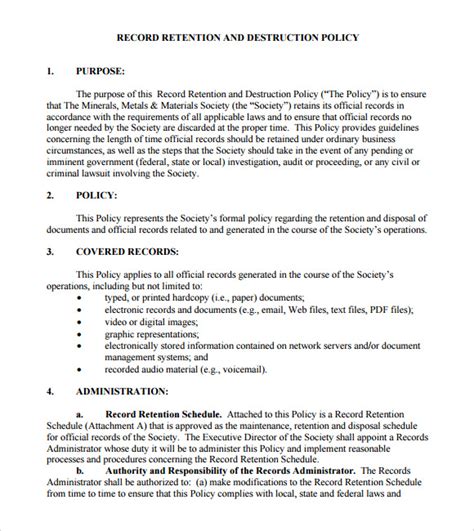 Sample Data Retention Policy Template