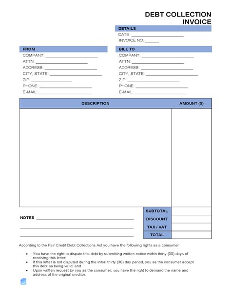 Sample Debt Collections Invoice Template