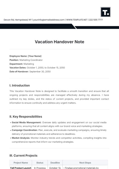 Sample Document Vacation Handover