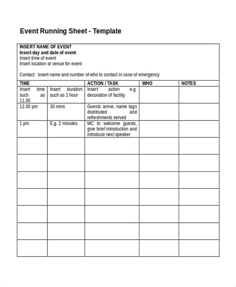 Sample Event Run Sheet Template Google Docs Word Apple Pages Pdf Template Net