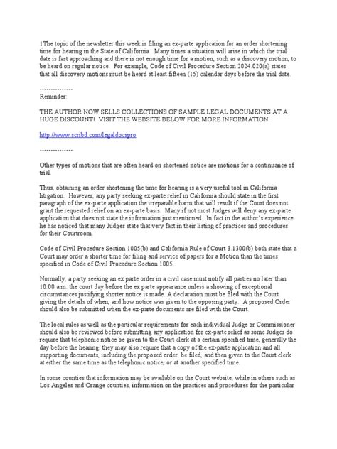 Sample ExParte Motion to Shorten Time for hearing in California Ex