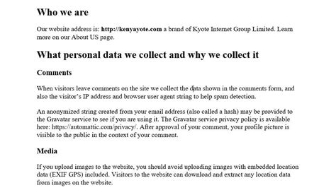Sample GDPR Privacy Policy Page and How to write one (template) Kenyayote