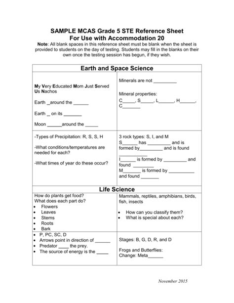 Sample Grade 5 MCAS Science Reference Sheet for use with