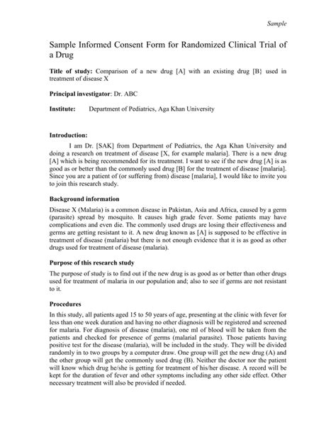 Sample Informed Consent for a Randomized Clinical Trial of a Drug