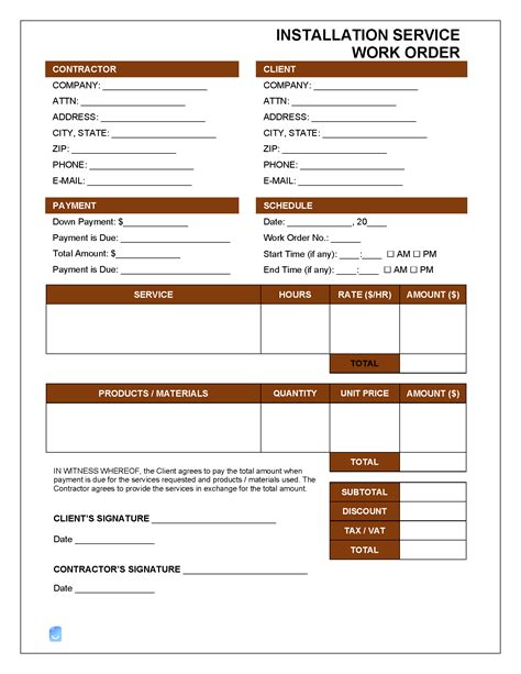 Sample Installation Service Work Order Template