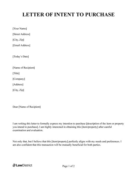 Sample Letter of Intent to Purchase Word Format Download Sample