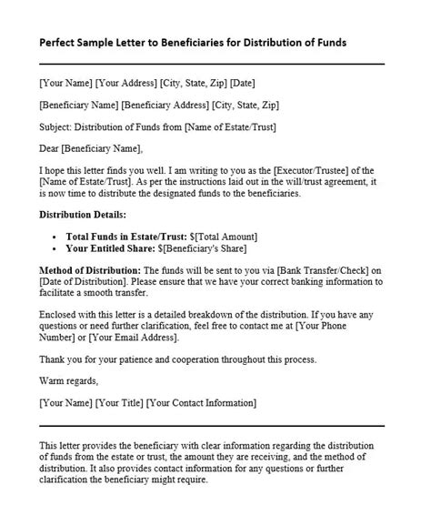 Sample Letter to Beneficiaries Distribution of Funds Form Fill Out