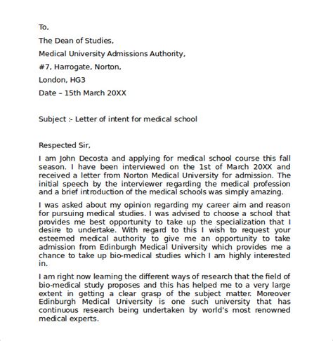 Sample Medical School Letter of Intent - bsmdadmit.com