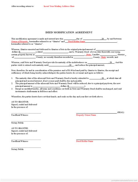 Sample Modification Form for Deed (PRINTABLE TEMPLATE)