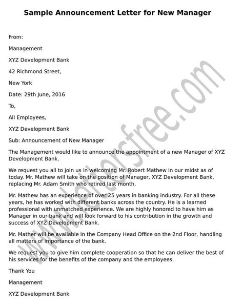 Sample New Manager Announcement Letter - Free Letters