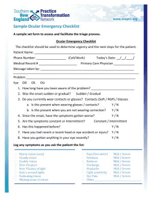 Sample Ocular Emergency Checklist - SNE-PTN