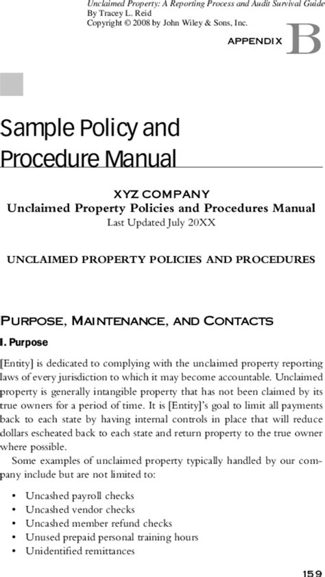 Sample Policy and Procedure Manual Unclaimed Property Wiley Online