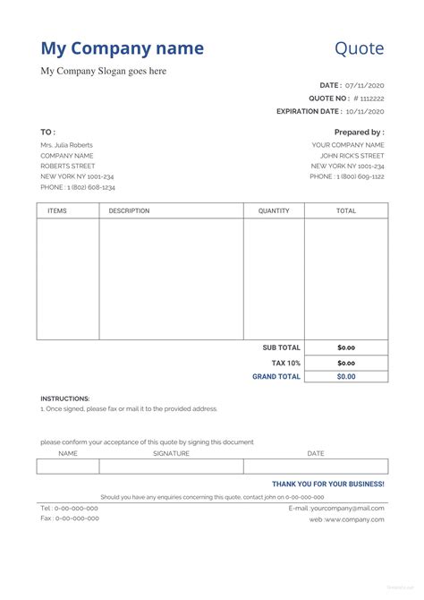 Sample Quotation Format Template Business Format