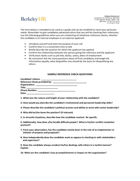 Sample Reference Check Questions Berkeley Free Download