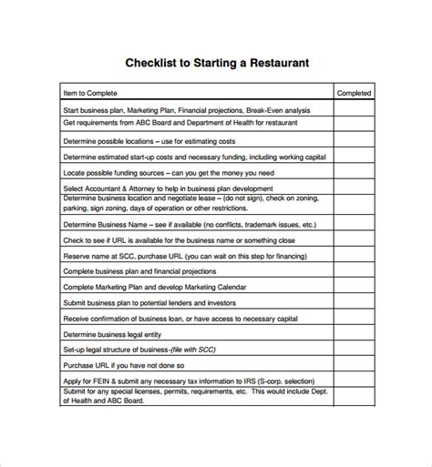 Sample Restaurant Checklist Template 9+ Free Documents in PDF, Word