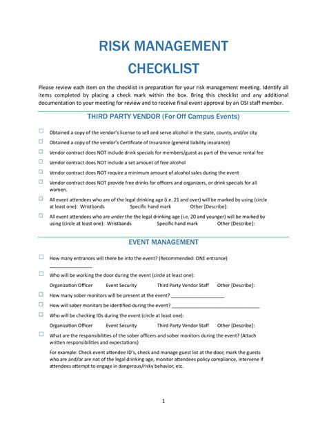Sample Risk Management Checklist Template