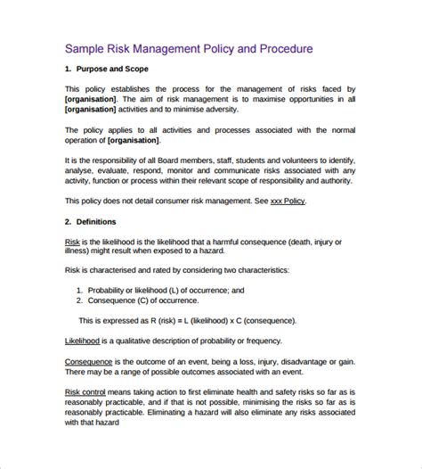 Sample Risk Management Policy and Procedure Free Download