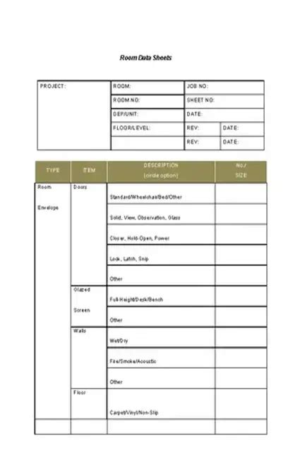 Sample Room Data Sheet Template Free Download Pdfsimpli