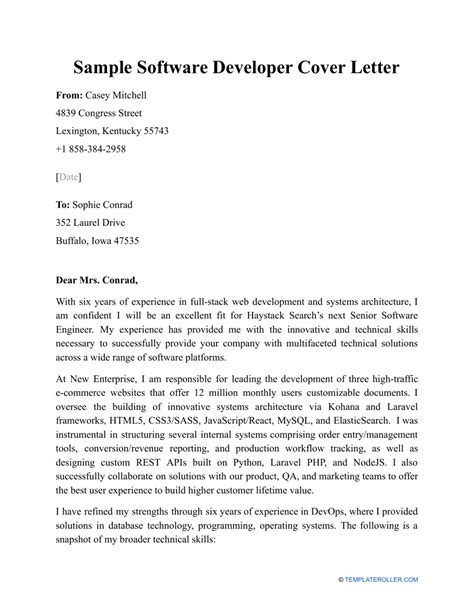 Sample Software Developer Cover Letter Download Printable PDF
