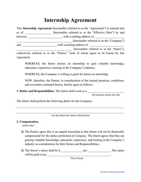 Sample Unpaid Intern Agreement Template Download Printable PDF