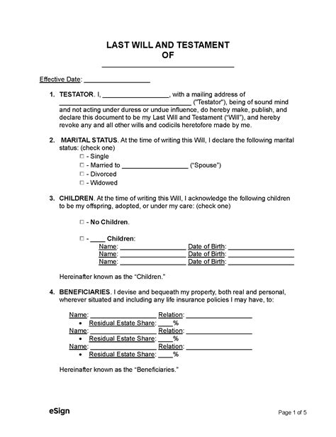 Sample Will And Testament Template