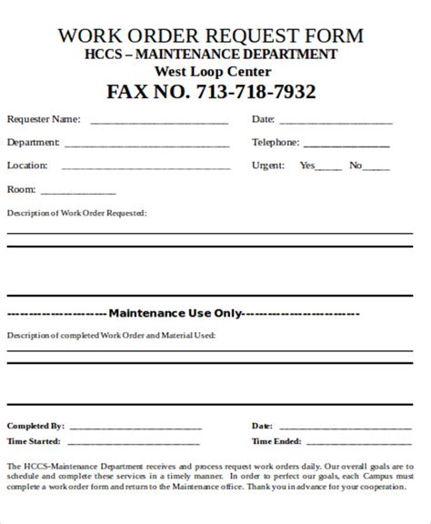 Sample Work Order Form Work Order Template Gambaran