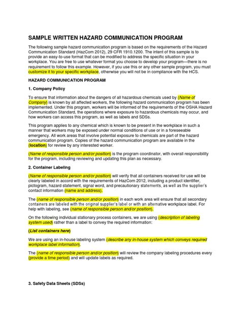 Sample Written Hazard Communication Program Safety Labour Relations