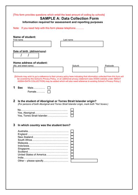 Sample data collection forms (Australia) in Word and Pdf formats page