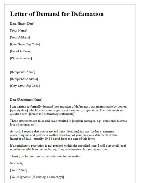 Sample demand letter for defamation.  Demand an immediate stop to damaging statements, ...