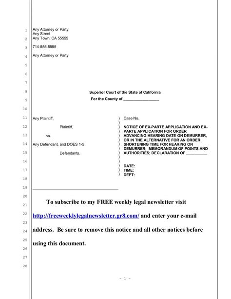 Sample ex parte application to advance hearing date for demurrer in c…